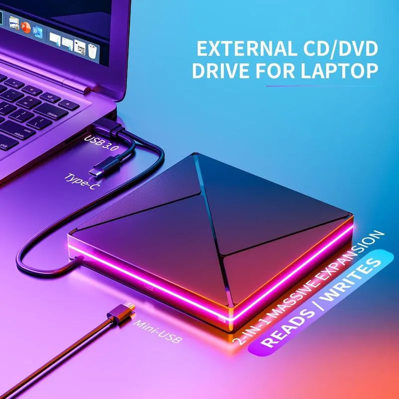 【 Free Shipping, Great Gift Idea for Parents or Seniors】Retro Laptop DVD Player with RGB Lights, USB 3.0 USB C Portable CD Burner, Bring Back Memories, Compatible with Laptop Desktop Mac,Windows 11/10/8/7 Dvd Player
