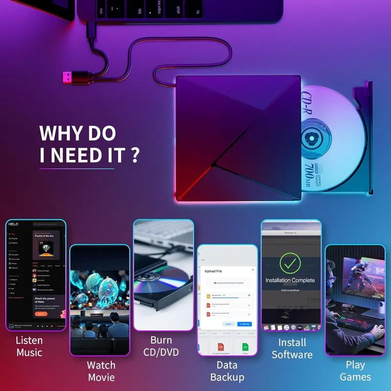 【 Free Shipping, Great Gift Idea for Parents or Seniors】Retro Laptop DVD Player with RGB Lights, USB 3.0 USB C Portable CD Burner, Bring Back Memories, Compatible with Laptop Desktop Mac,Windows 11/10/8/7 Dvd Player