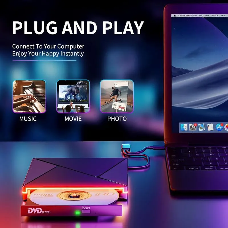 【 Free Shipping, Great Gift Idea for Parents or Seniors】Retro Laptop DVD Player with RGB Lights, USB 3.0 USB C Portable CD Burner, Bring Back Memories, Compatible with Laptop Desktop Mac,Windows 11/10/8/7 Dvd Player