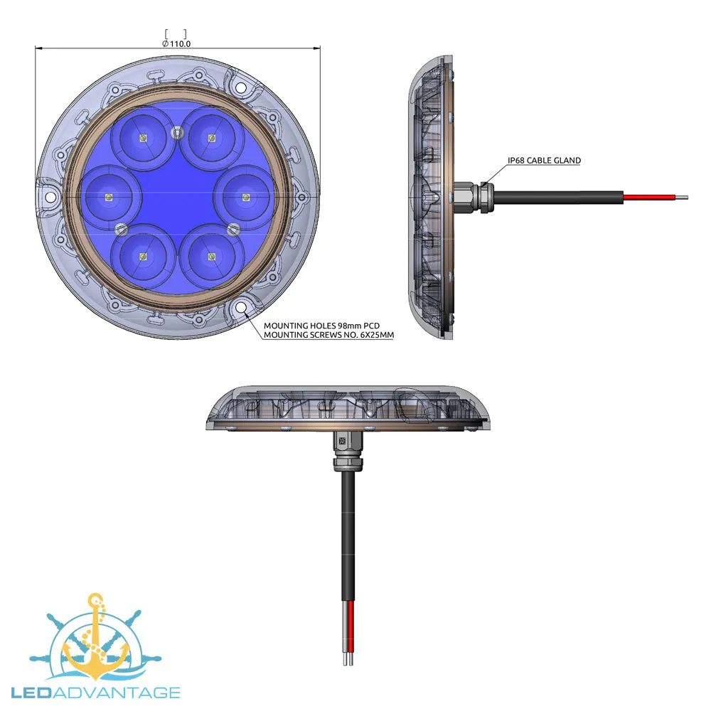 12V~24v BLUEFIN 50w Piranha P6CC NITRO Color Change LED Underwater Light
