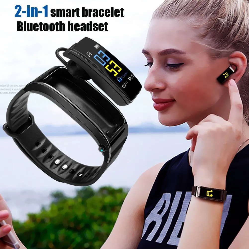 2 In 1 Smart Bracelet with Bluetooth  Earbuds HeartRate Monitor Waterproof Watch GDeals