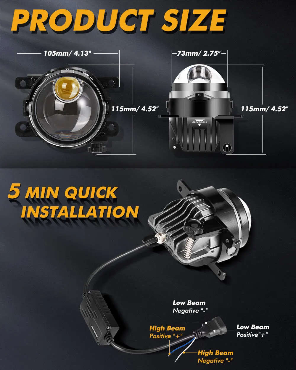 🆕3 Inch 104W Bi-LED Projector Lens Fog Light 3-Colors Switchback Hyperboid Lens Fog Light With High Beam Auxiliary For Toyota/Honda | 2 PCS/Set