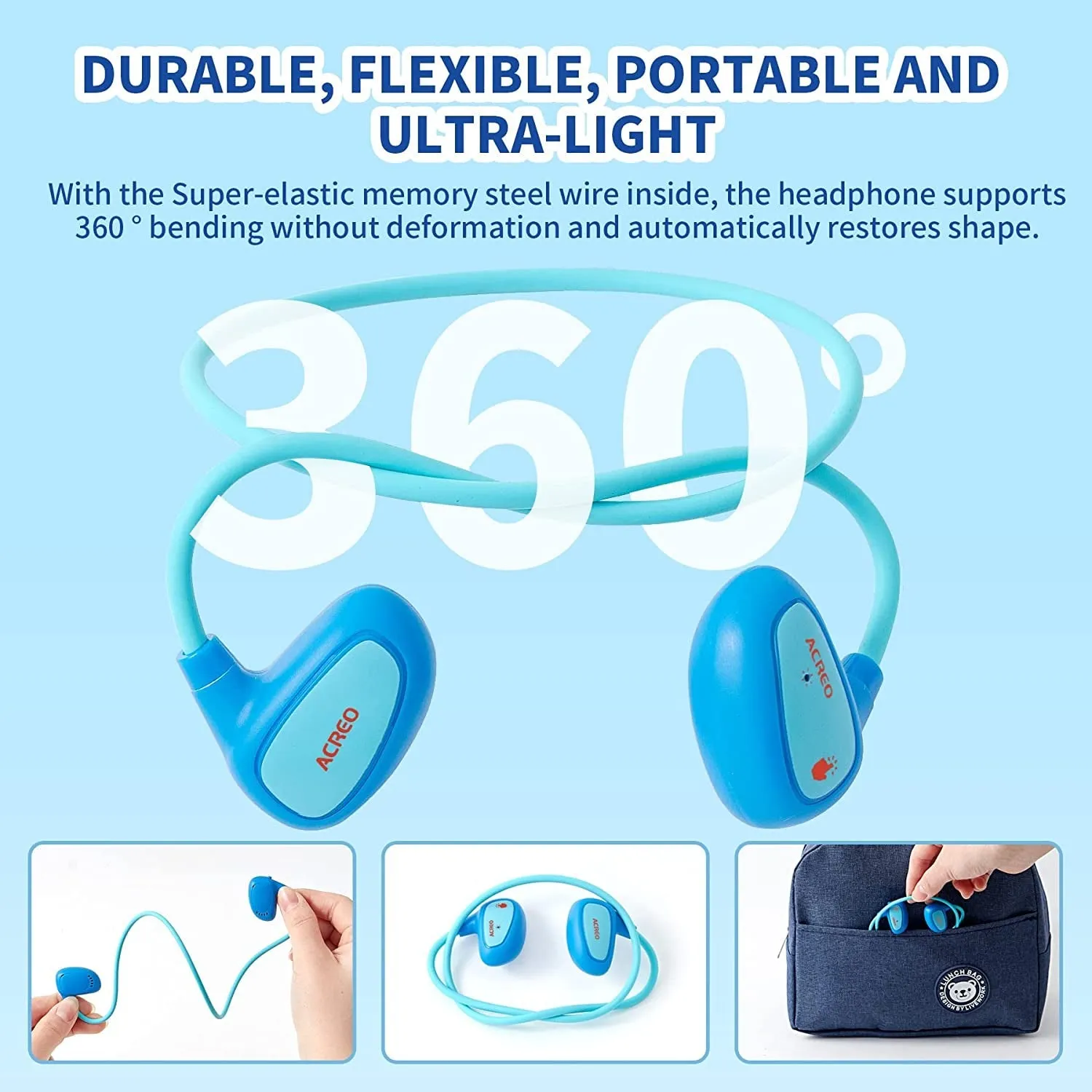 ACREO Kids Headphones, Open Ear Bluetooth Headphones with MIC, Openbuds Kids, Ultra-Light, Portable and Safer for Children, Best Wireless Kids Headphones for Ipad, Tablet or Computers (Navy Blue)