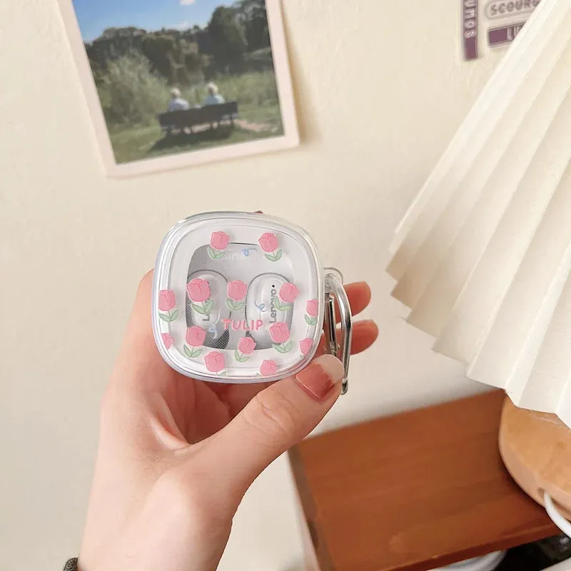 Anymob Earphone Case Pink Tulip For Lenovo XT62 TWS Soft TPU Transparent Headset Protective Cover with Hook