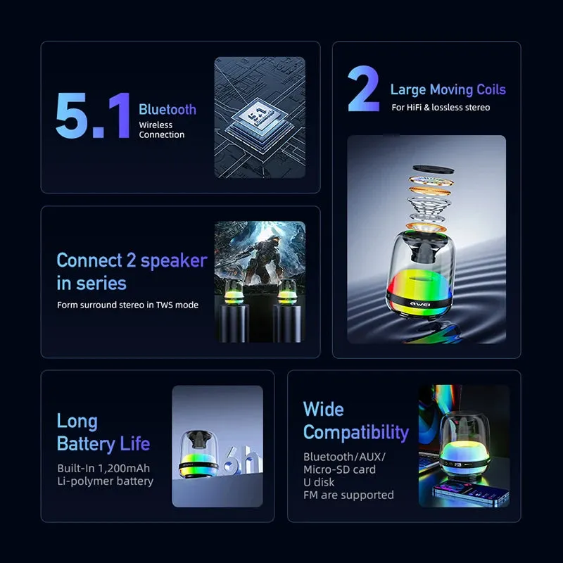 Awei Transparent Wireless Bluetooth Mini Speaker Colorful Led Subwoofer HiFi Sound Box Portable MP3 Music Sound Column
