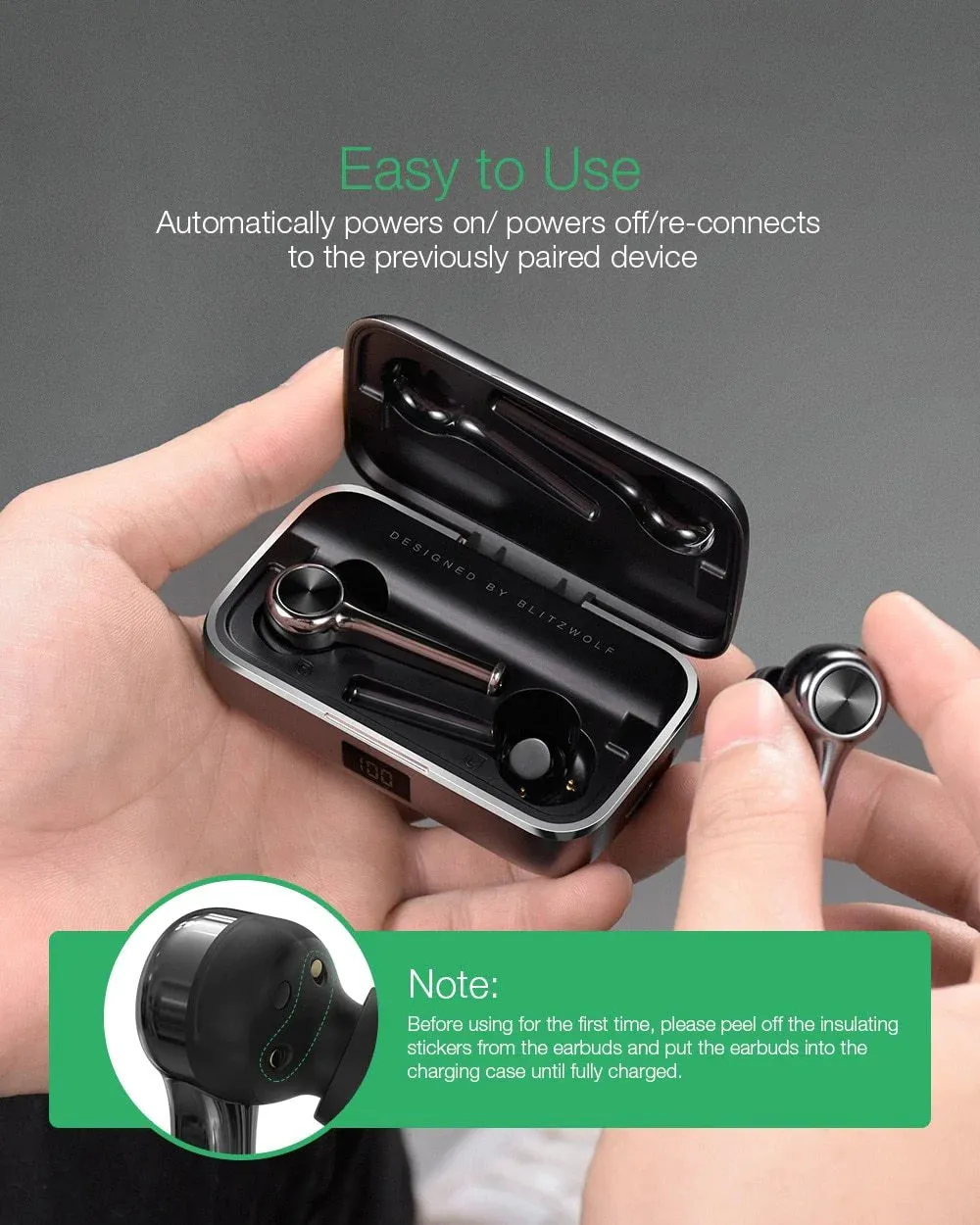 BlitzWolf BW-FYE6 Bluetooth V5.0 In-Ear Earphones | Digital Display Touch Control | Graphene Portable Charger Carry Case for Smartphones