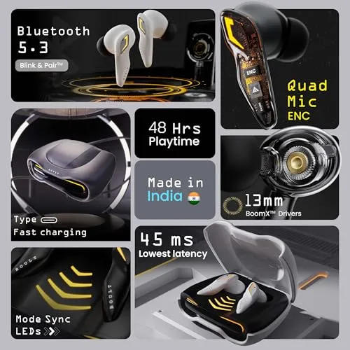 Boult Audio UFO Truly Wireless in Ear Earbuds with 48H Playtime, Built-in App Support, 45ms Low Latency Gaming, 4 Mics ENC, Breathing LEDs, 13mm Bass Drivers