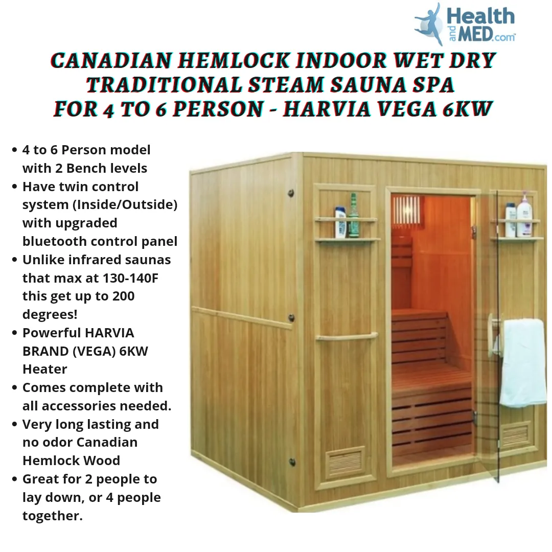Canadian Hemlock Indoor Wet Dry Traditional  Steam Sauna Spa for 4 to 6 Person - Harvia Vega 6KW