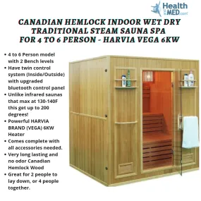 Canadian Hemlock Indoor Wet Dry Traditional  Steam Sauna Spa for 4 to 6 Person - Harvia Vega 6KW