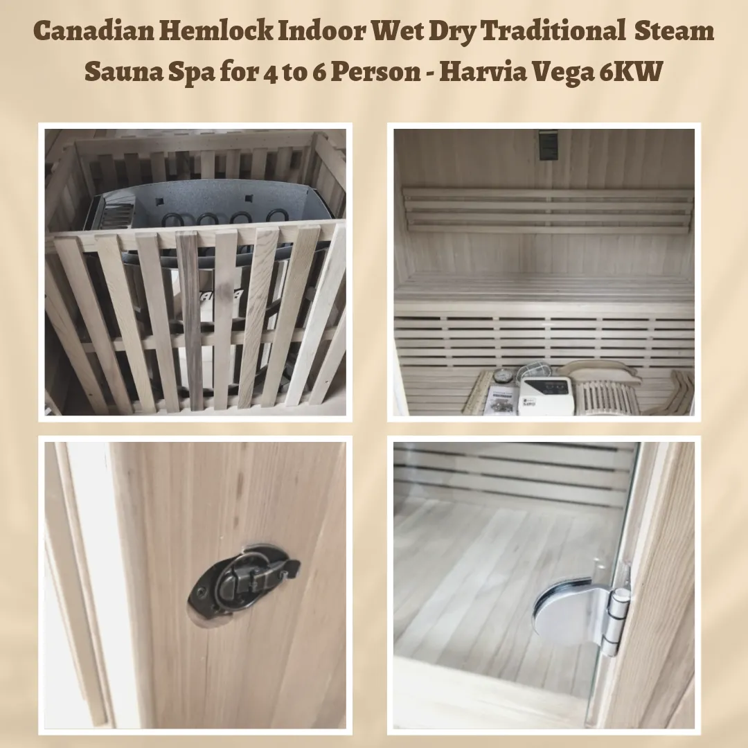 Canadian Hemlock Indoor Wet Dry Traditional  Steam Sauna Spa for 4 to 6 Person - Harvia Vega 6KW