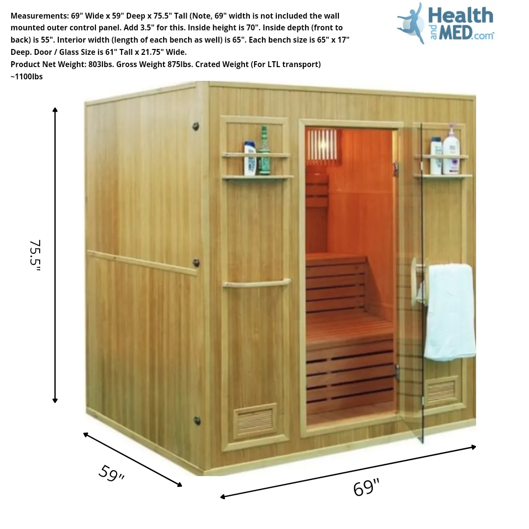 Canadian Hemlock Indoor Wet Dry Traditional  Steam Sauna Spa for 4 to 6 Person - Harvia Vega 6KW