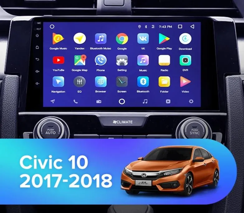 Car Dealz 10.2" Android 10.0 Honda Civic 10 FC FK 2016-2019 In Dash Plus OEM Fascia