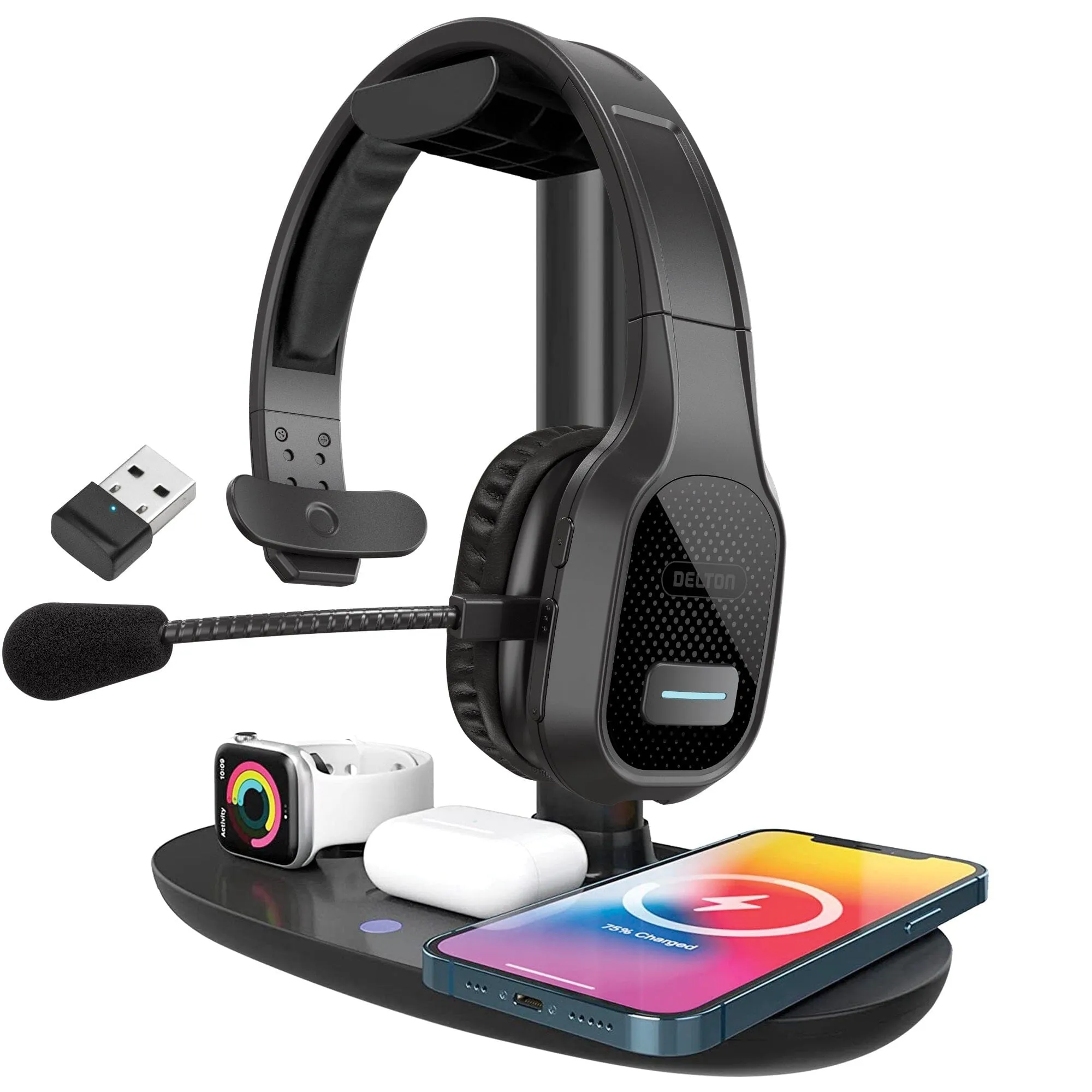 Delton 20X Bluetooth Headset & 3 in 1 Wireless Charging Station with Headset Holder