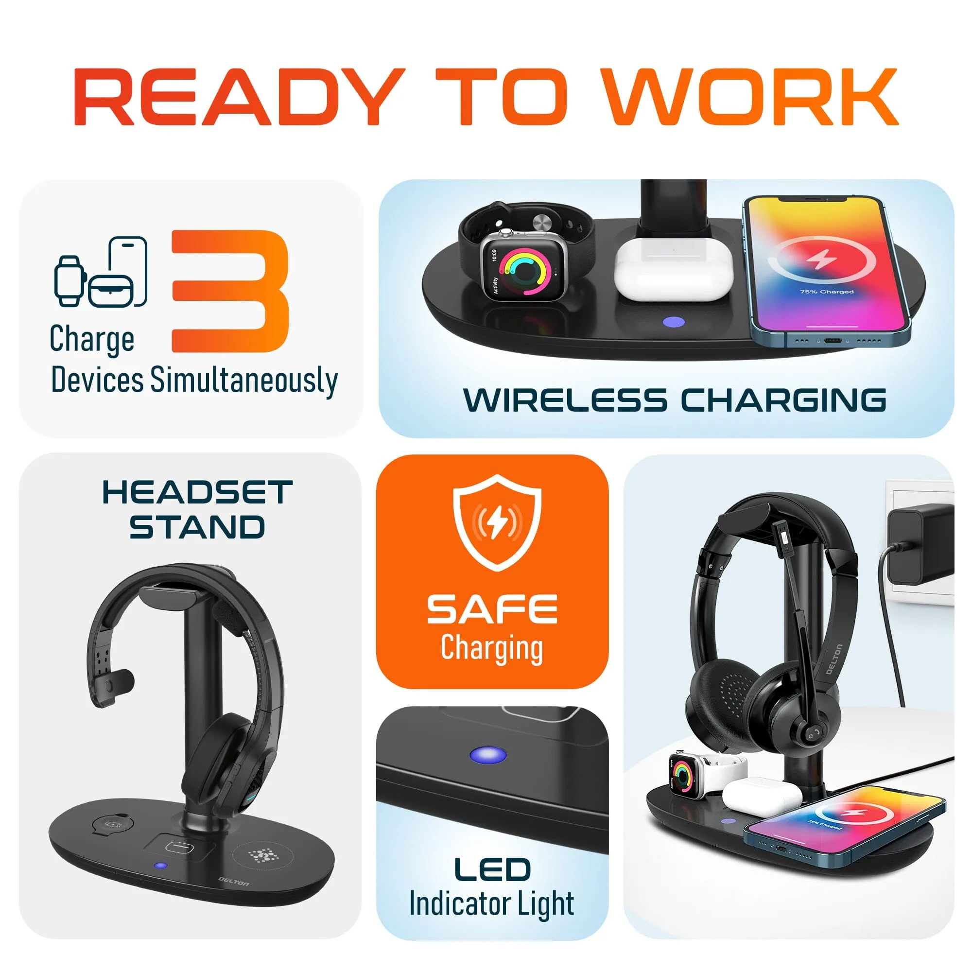 Delton 20X Bluetooth Headset & 3 in 1 Wireless Charging Station with Headset Holder