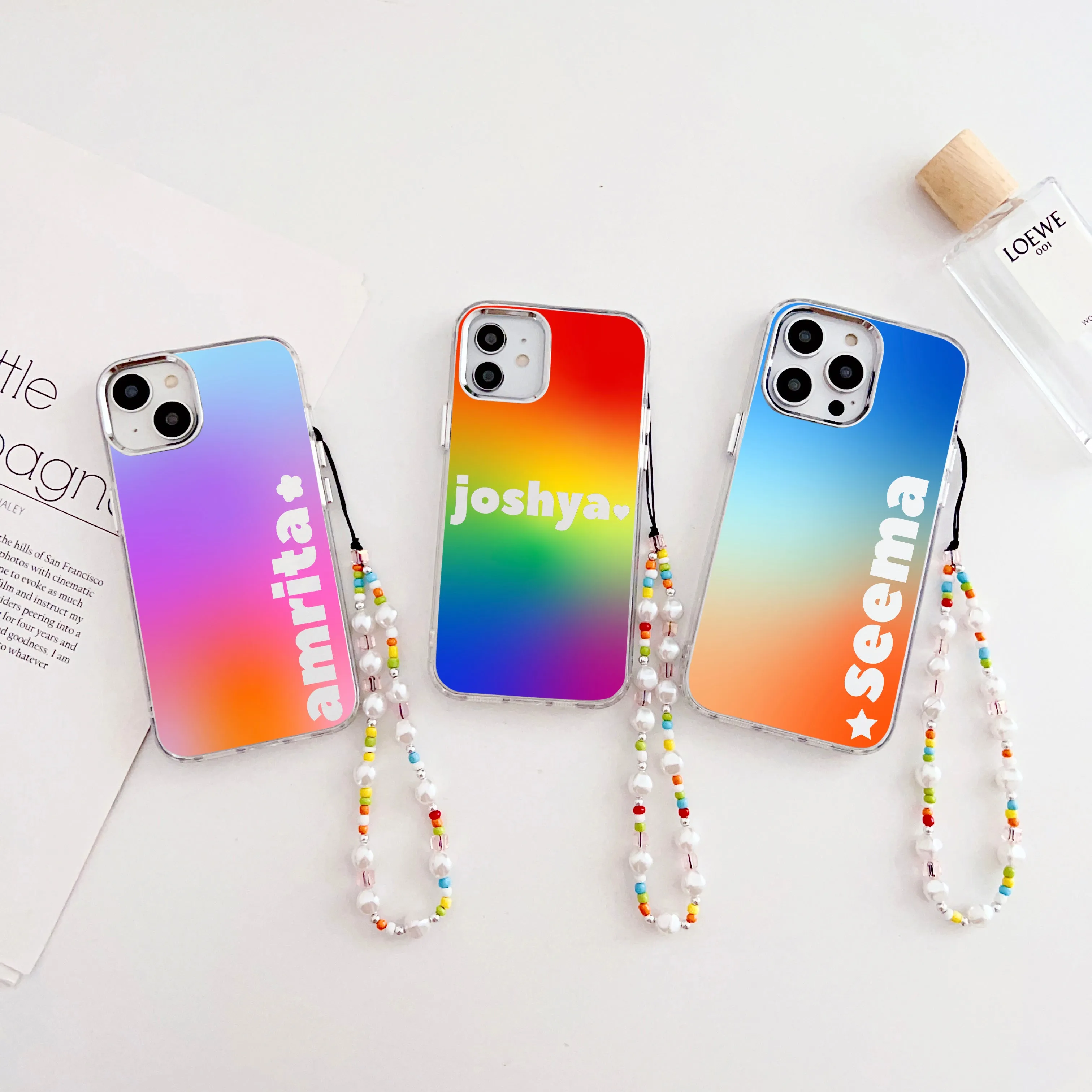 Designer Customised Name Mirror Gradient Case With Beaded Charm