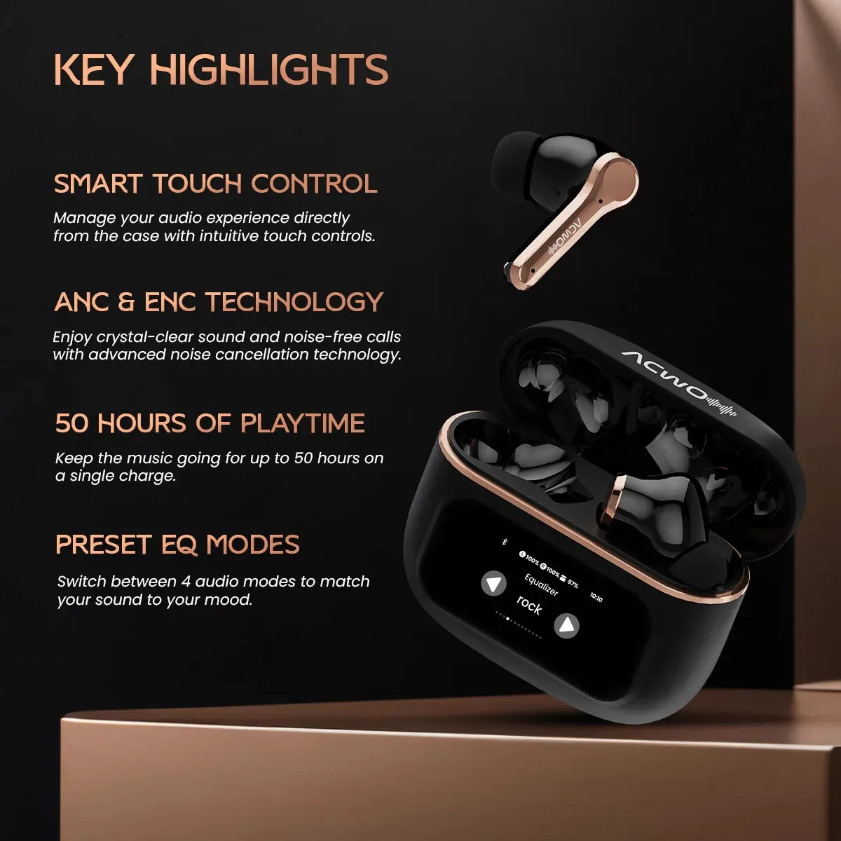 DwOTS Touch: Smart Touch Screen Display Black TWS Earbuds