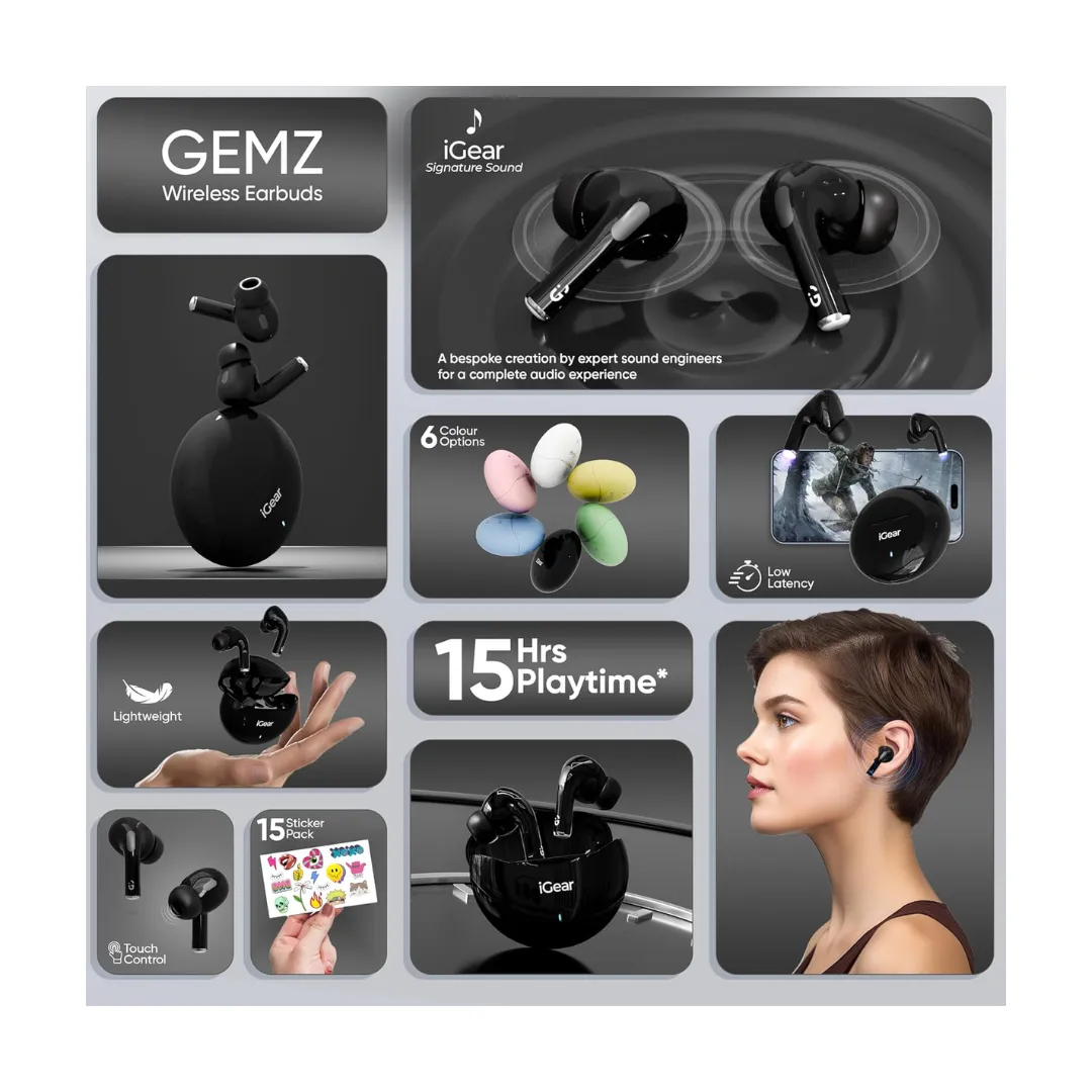 iGear Gemz Wireless Earbuds: 15 Hours Playtime, HiFi Bass, Instant Pairing, Touch Controls, Voice Assistance