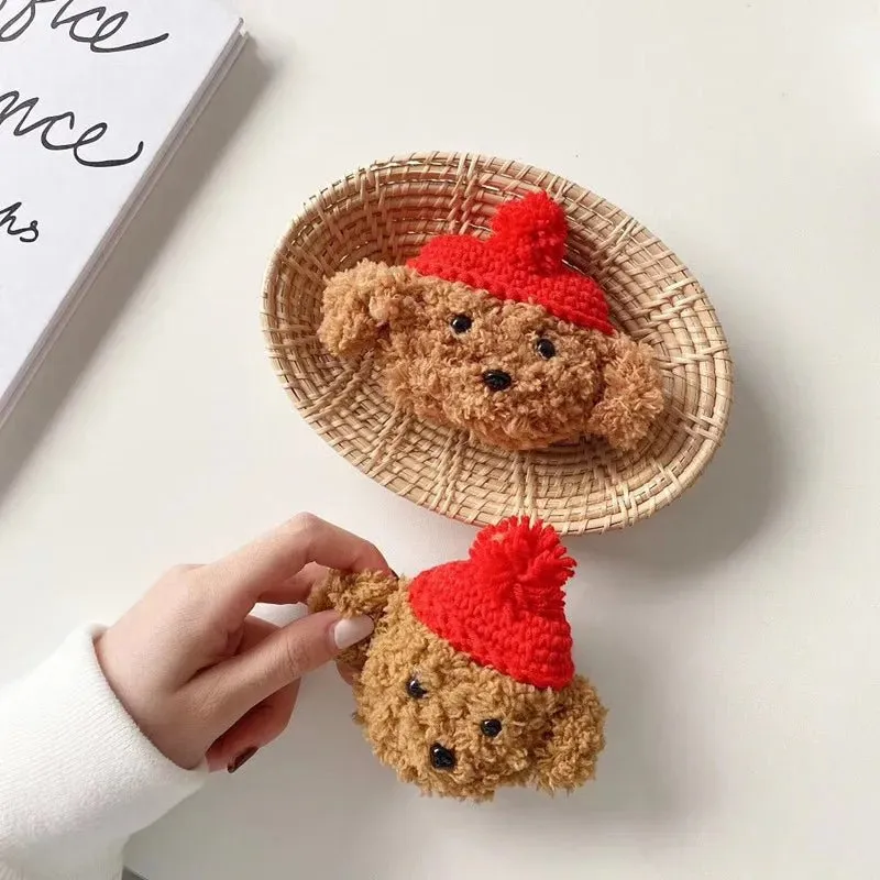 Kawaii Red Hat Teddy Bear Plush AirPods Case