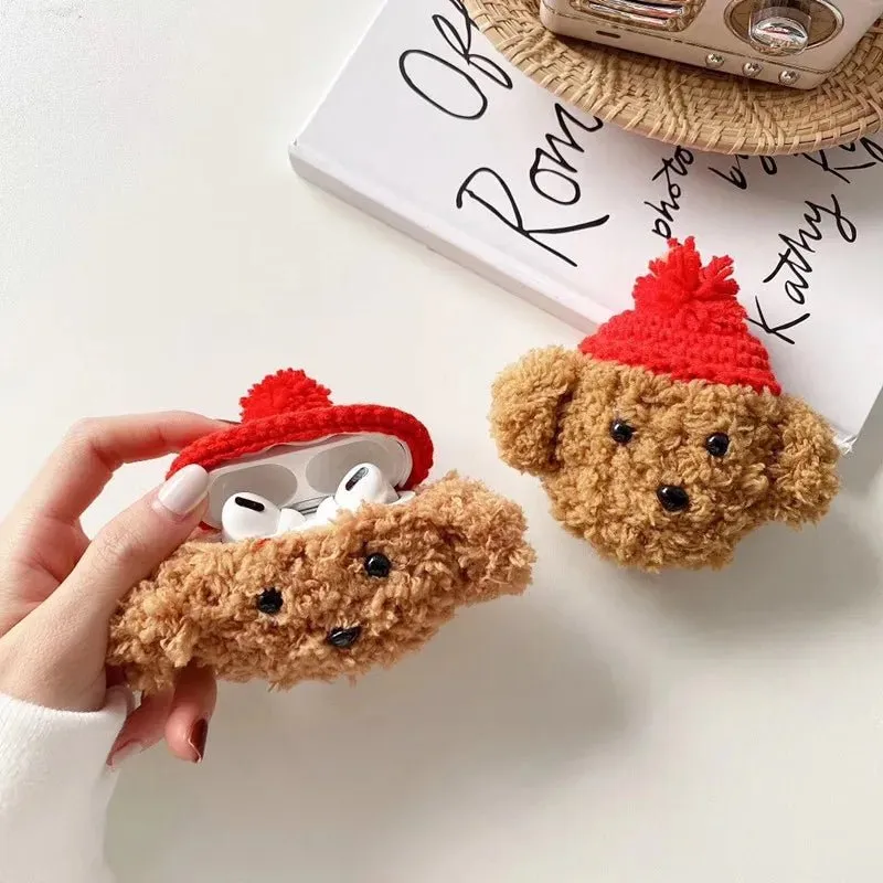 Kawaii Red Hat Teddy Bear Plush AirPods Case