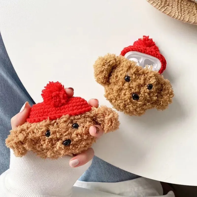 Kawaii Red Hat Teddy Bear Plush AirPods Case