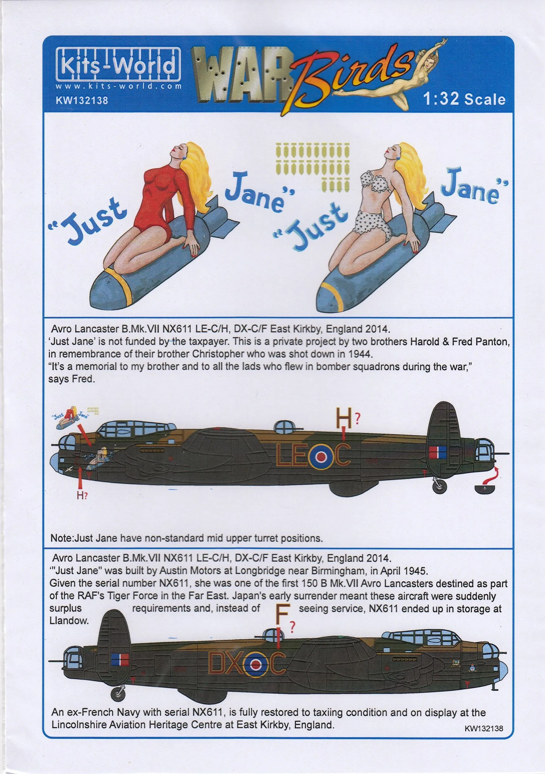 Kits-World KW132138 Avro Lancaster B Mk.VII 'Just Jane' Decals 1/32