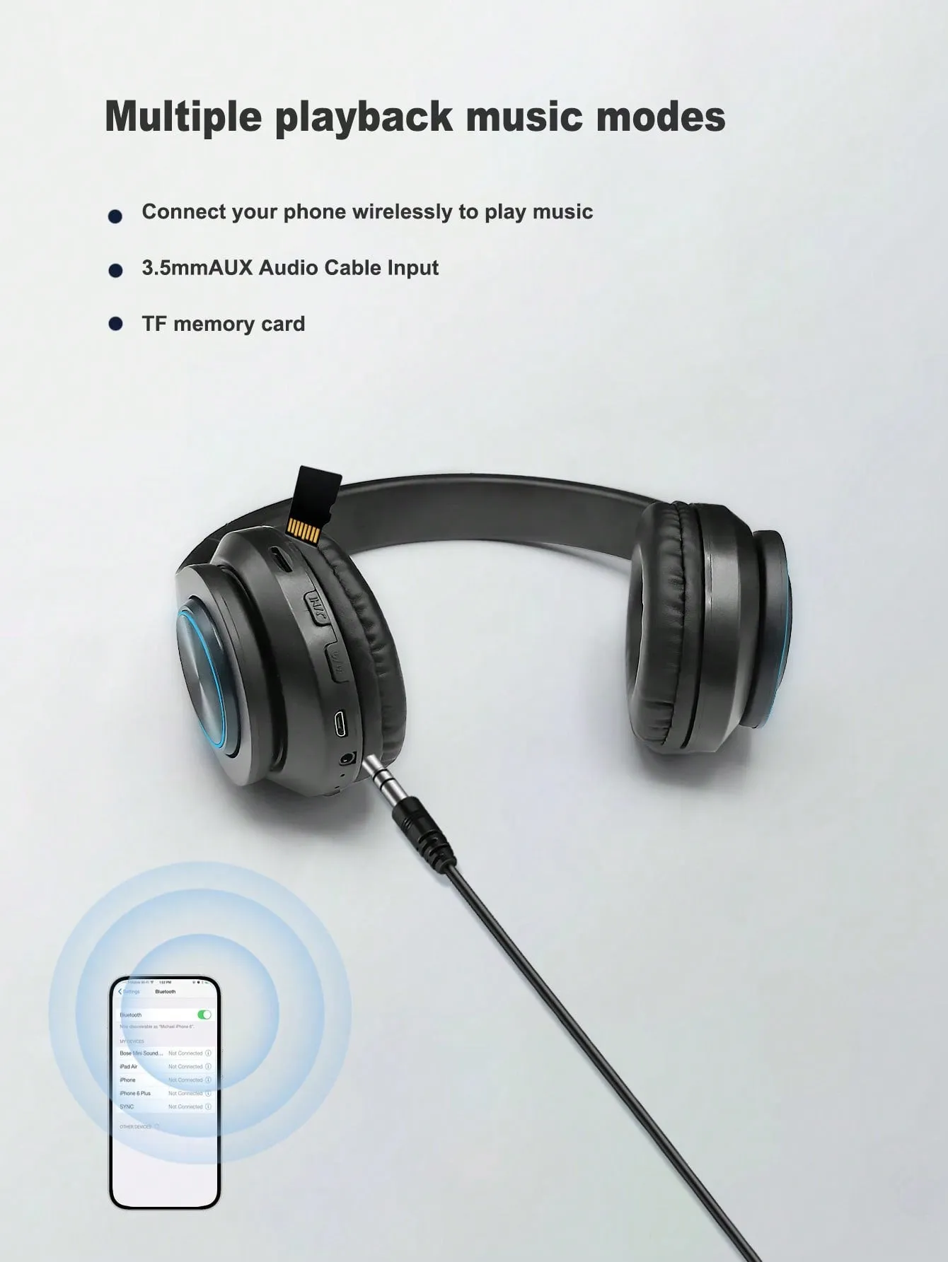 Light Emitting Wireless Headphones,Colorful LED Lights Comfort Over
