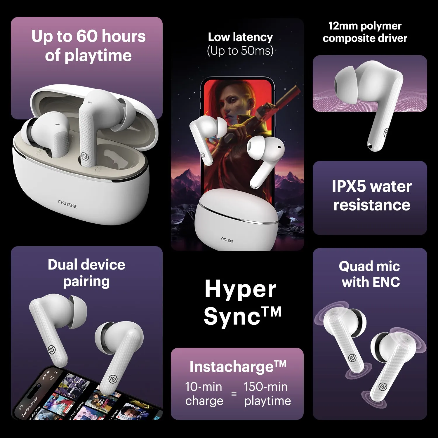 Noise Aura Buds in-Ear Truly Wireless Earbuds with 60H of Playtime, Quad Mic with ENC, Dual Device Pairing, Instacharge (10 min = 150 min), 12mm Polymer Composite Driver, BT v5.3