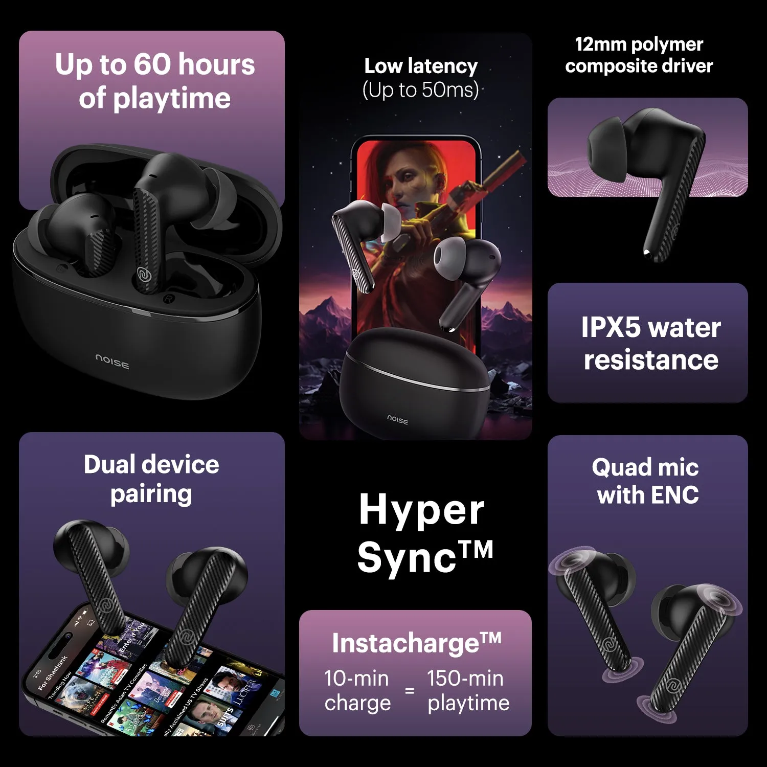Noise Aura Buds in-Ear Truly Wireless Earbuds with 60H of Playtime, Quad Mic with ENC, Dual Device Pairing, Instacharge (10 min = 150 min), 12mm Polymer Composite Driver, BT v5.3