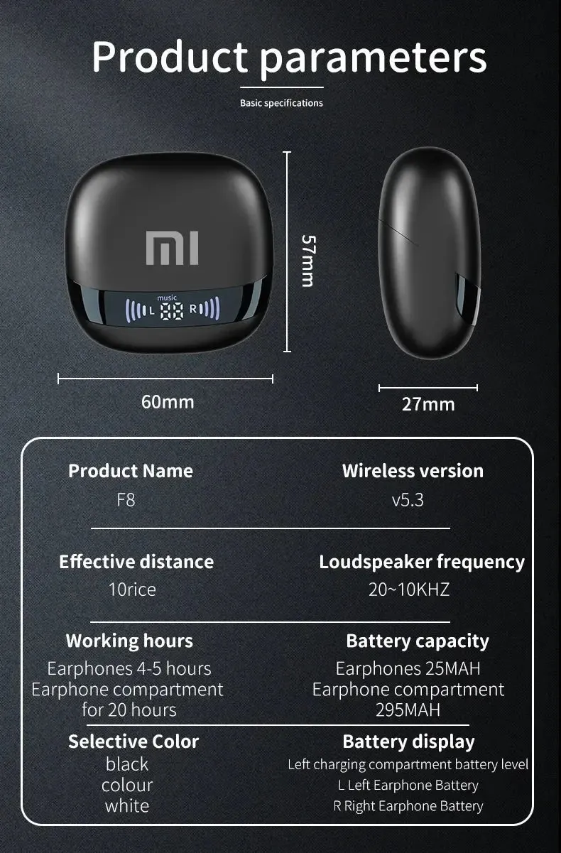 Original XIAOMI F8 Wireless Headphones Charging Bluetooth Headset Earbuds Noise Reduction Earphones Led Display Sport With Mic