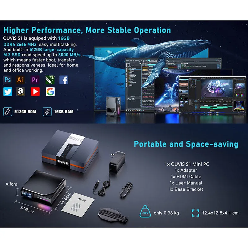 OUVIS S1 Mini PC with LCD Screen RGB EU Version