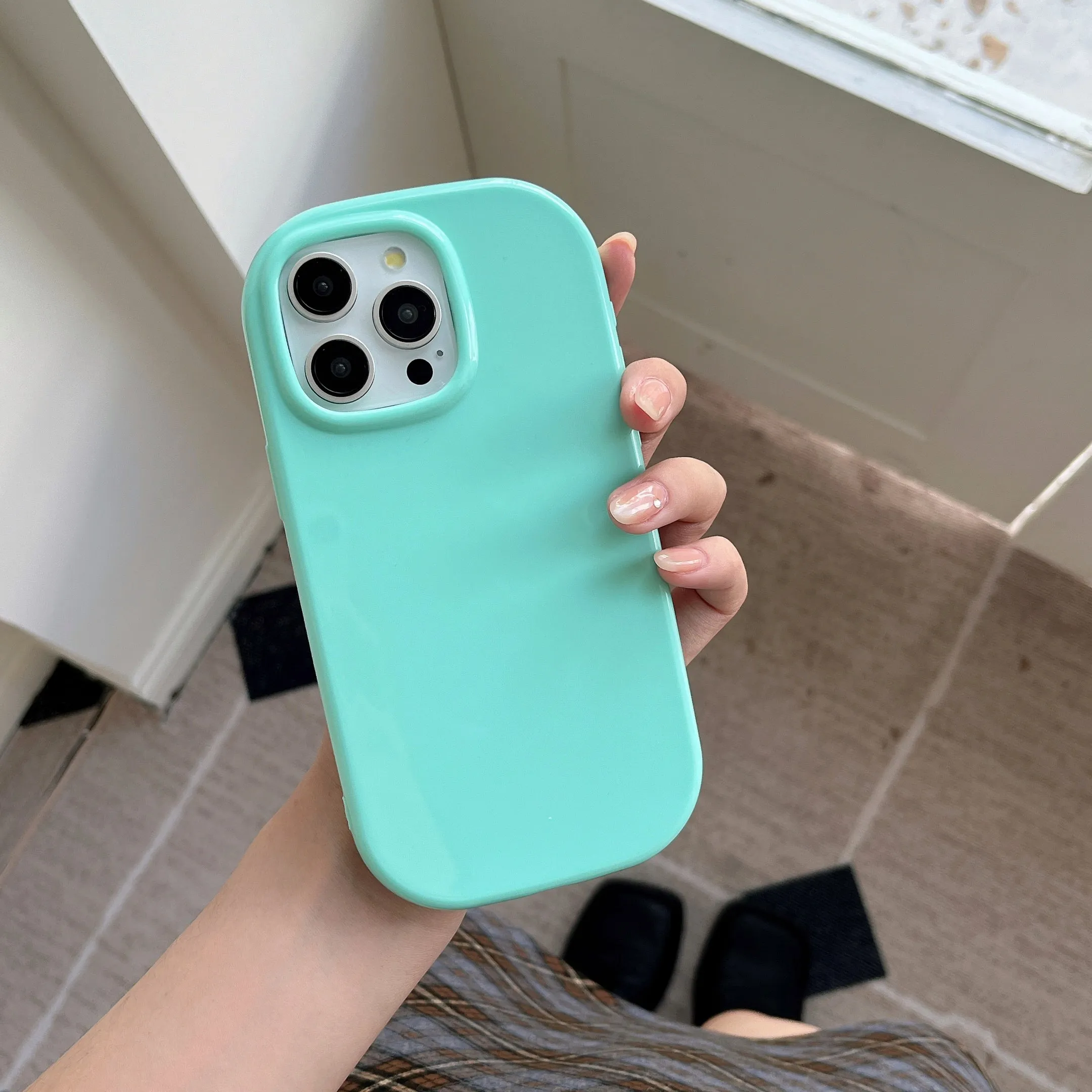 Oval Shape Customised Silicon Case With Beaded Phone Charm for iPhone ( Sea Blue )