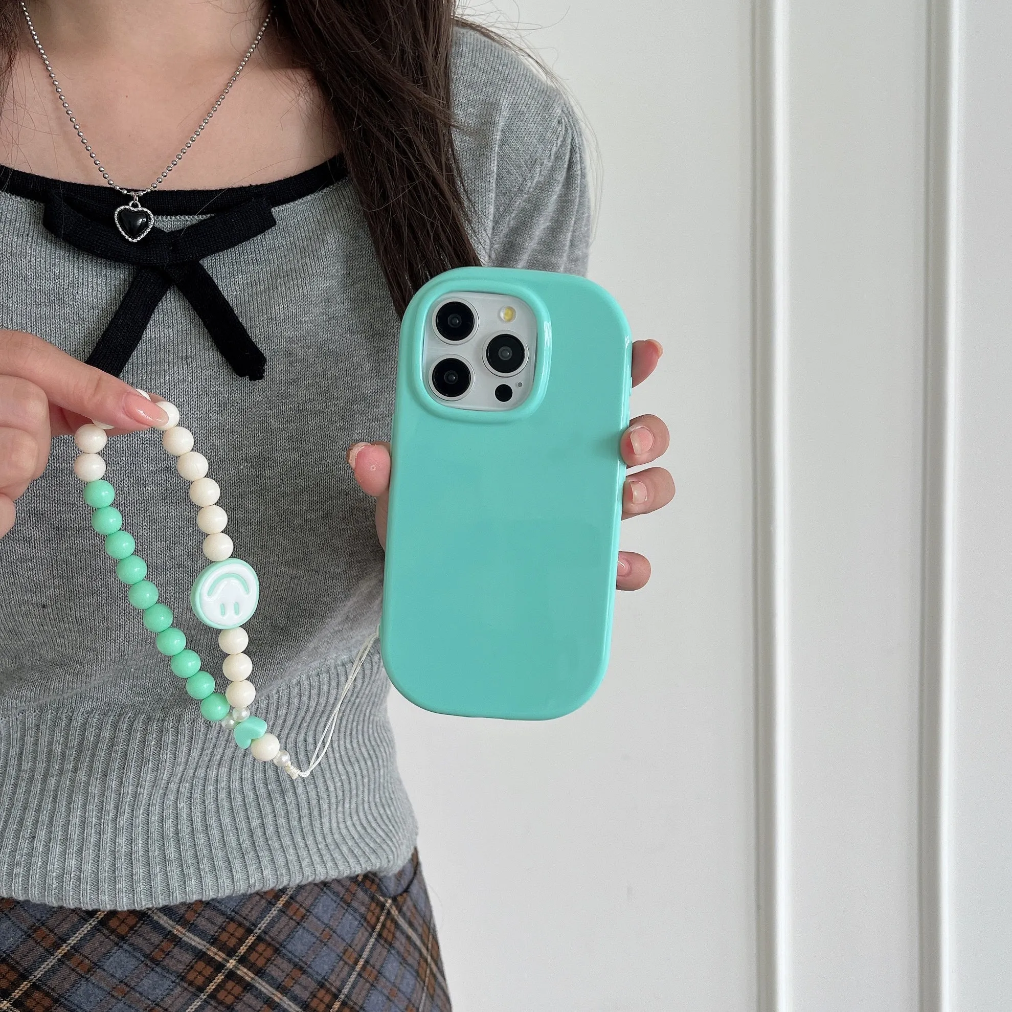 Oval Shape Customised Silicon Case With Beaded Phone Charm for iPhone ( Sea Blue )