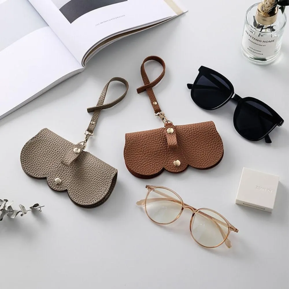 Portable Soft Leather Glasses Case | Slim Travel Sunglasses Pouch | Outdoor Carrying Organizer Eyeglass Bags with Wrist Strap