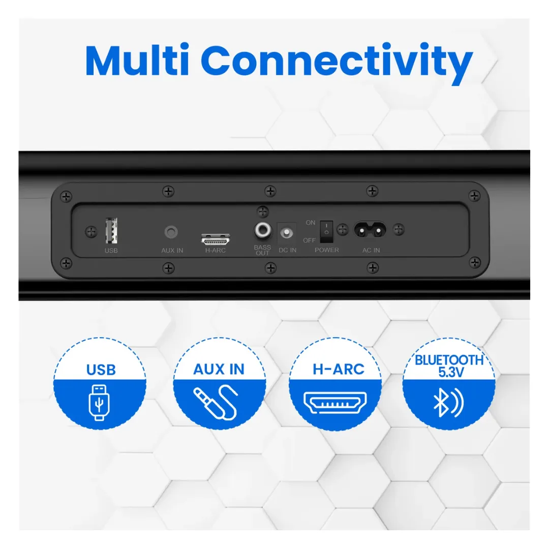 Portronics Pure Sound 106 | 120W Bluetooth Soundbar with Wired Subwoofer for Deep Bass, 2.1 Channel Home Theatre, HD Sound,3 EQ Modes, BT 5.3V,HDMI, AUX in, USB Port, Sleek Remote Control