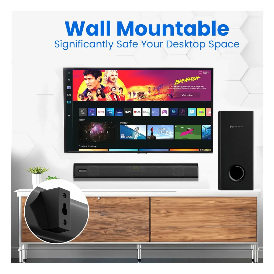 Portronics Pure Sound 106 | 120W Bluetooth Soundbar with Wired Subwoofer for Deep Bass, 2.1 Channel Home Theatre, HD Sound,3 EQ Modes, BT 5.3V,HDMI, AUX in, USB Port, Sleek Remote Control