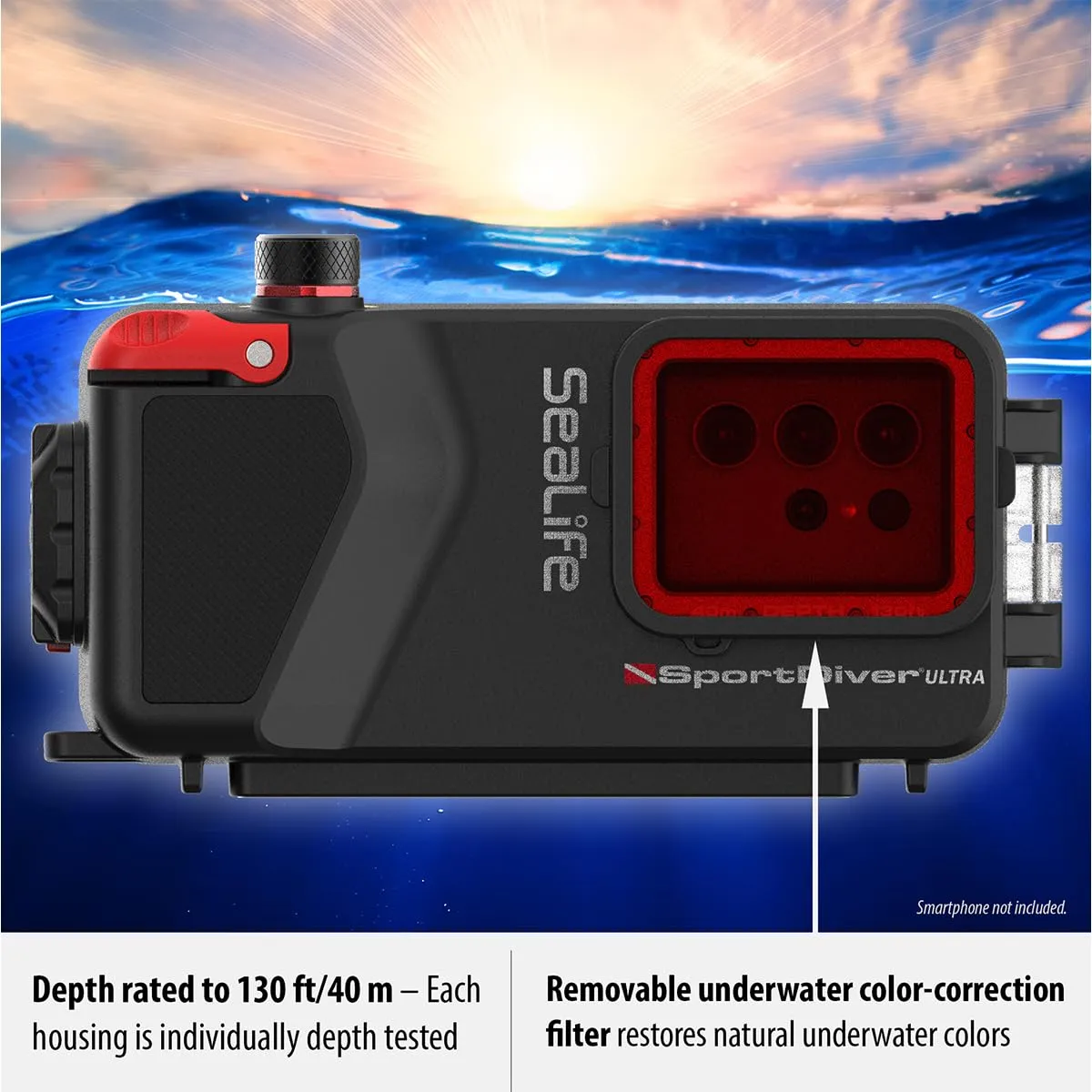 SeaLife SportDiver Ultra Large Smartphone Housing – Dive to 130', Waterproof Photography, Access Camera Controls, Leak Alarms, Fits Most Phones (Without Light) Black