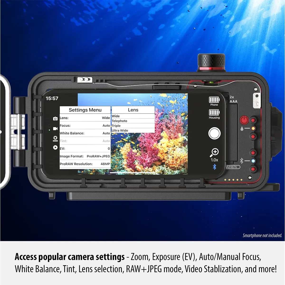 SeaLife SportDiver Ultra Large Smartphone Housing – Dive to 130', Waterproof Photography, Access Camera Controls, Leak Alarms, Fits Most Phones (Without Light) Black