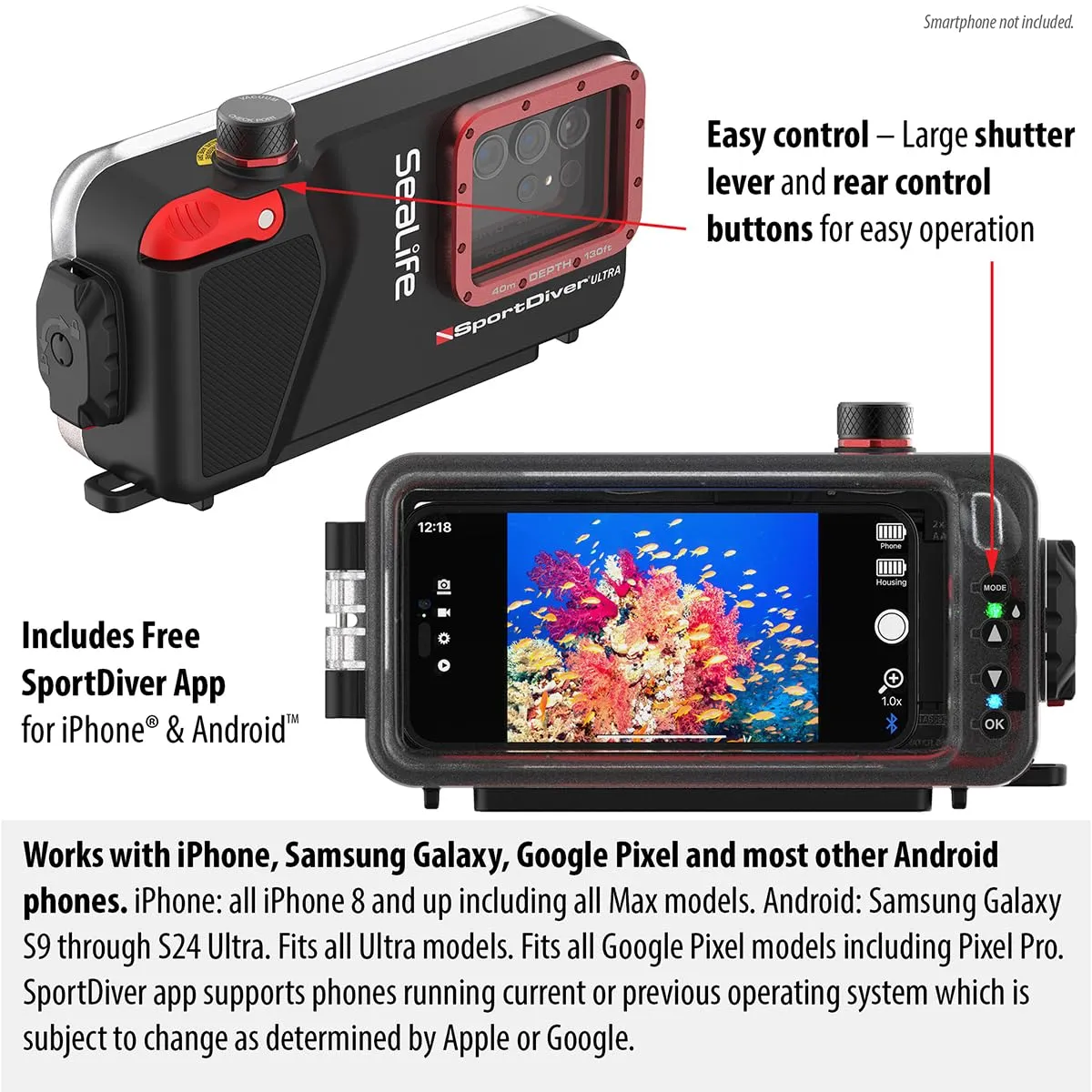SeaLife SportDiver Ultra Large Smartphone Housing – Dive to 130', Waterproof Photography, Access Camera Controls, Leak Alarms, Fits Most Phones (Without Light) Black