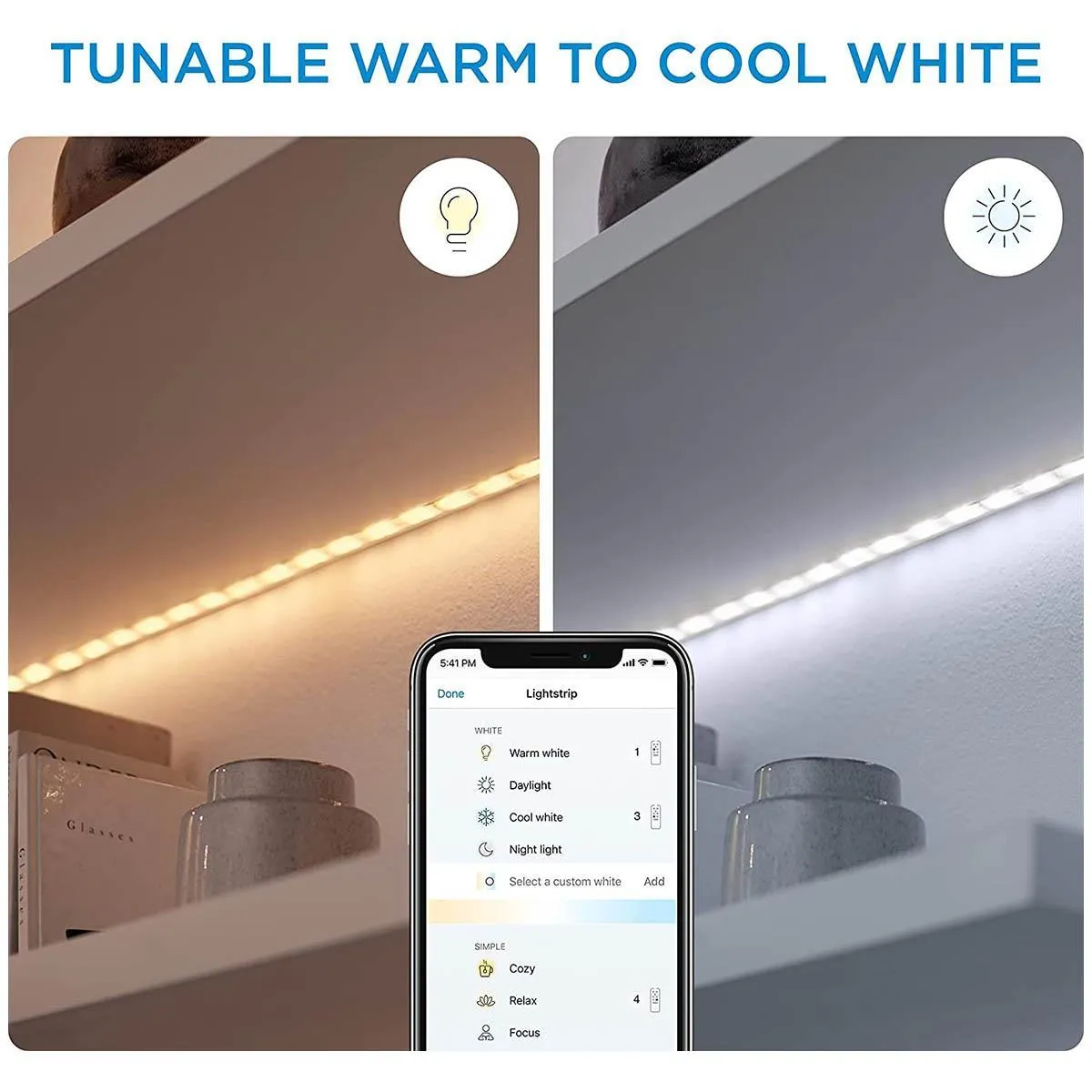 Smart LED strip Light Kit, 13ft, Wifi and Bluetooth Wiz App, RGB and Tunable white, 64 Scenes and Music, 12V