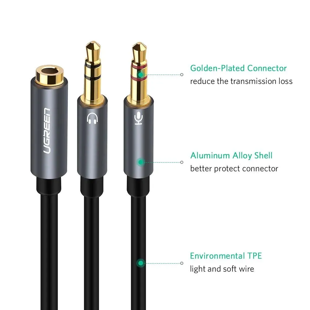 UGREEN Headphone Mic Splitter 3.5mm Jack Audio Mic Adapter Aux TRRS