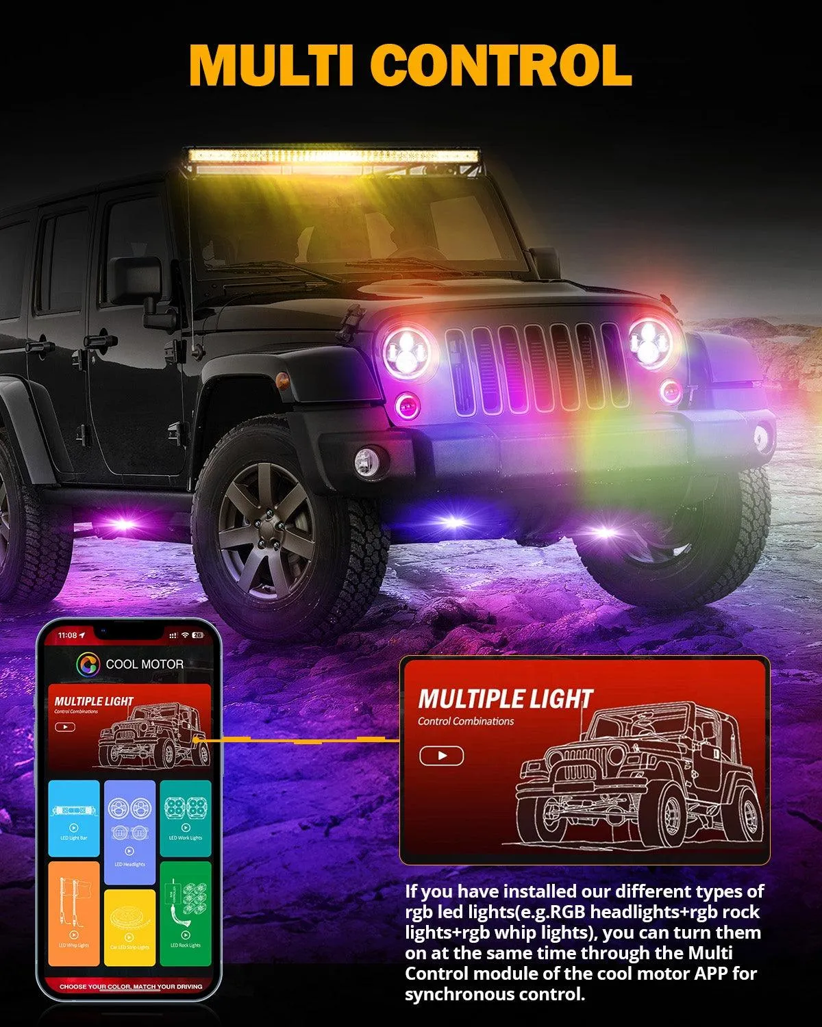 Upgraded 7 Inch Round LED Headlight with RGB Halo Ring for Jeep Wrangler JK TJ LJ