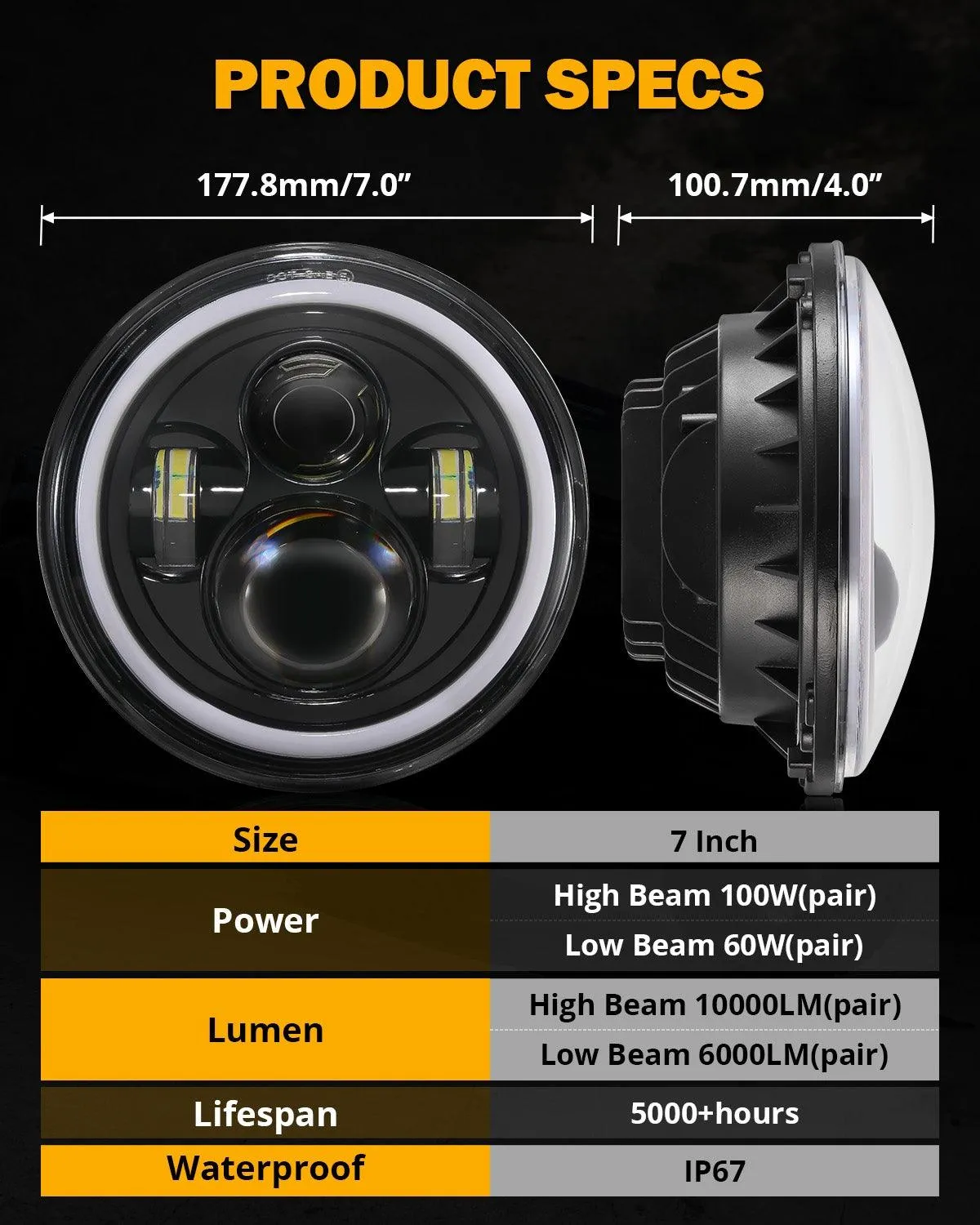 Upgraded 7 Inch Round LED Headlight with RGB Halo Ring for Jeep Wrangler JK TJ LJ