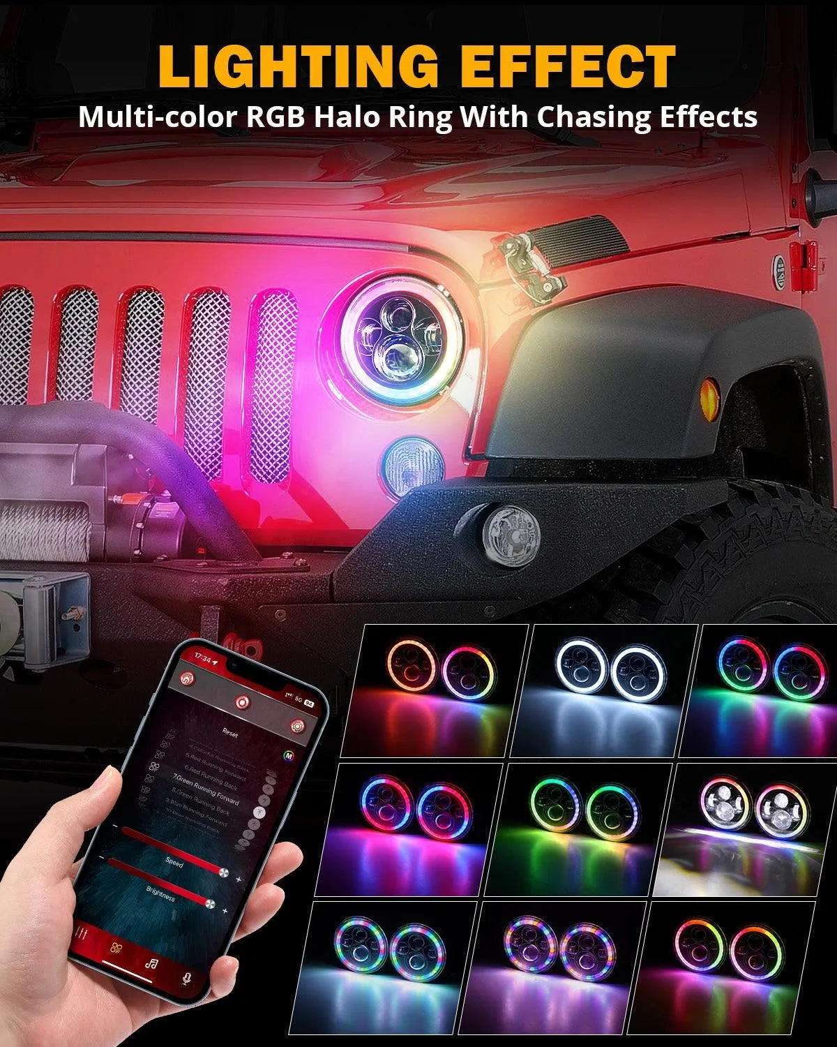 Upgraded 7 Inch Round LED Headlight with RGB Halo Ring for Jeep Wrangler JK TJ LJ
