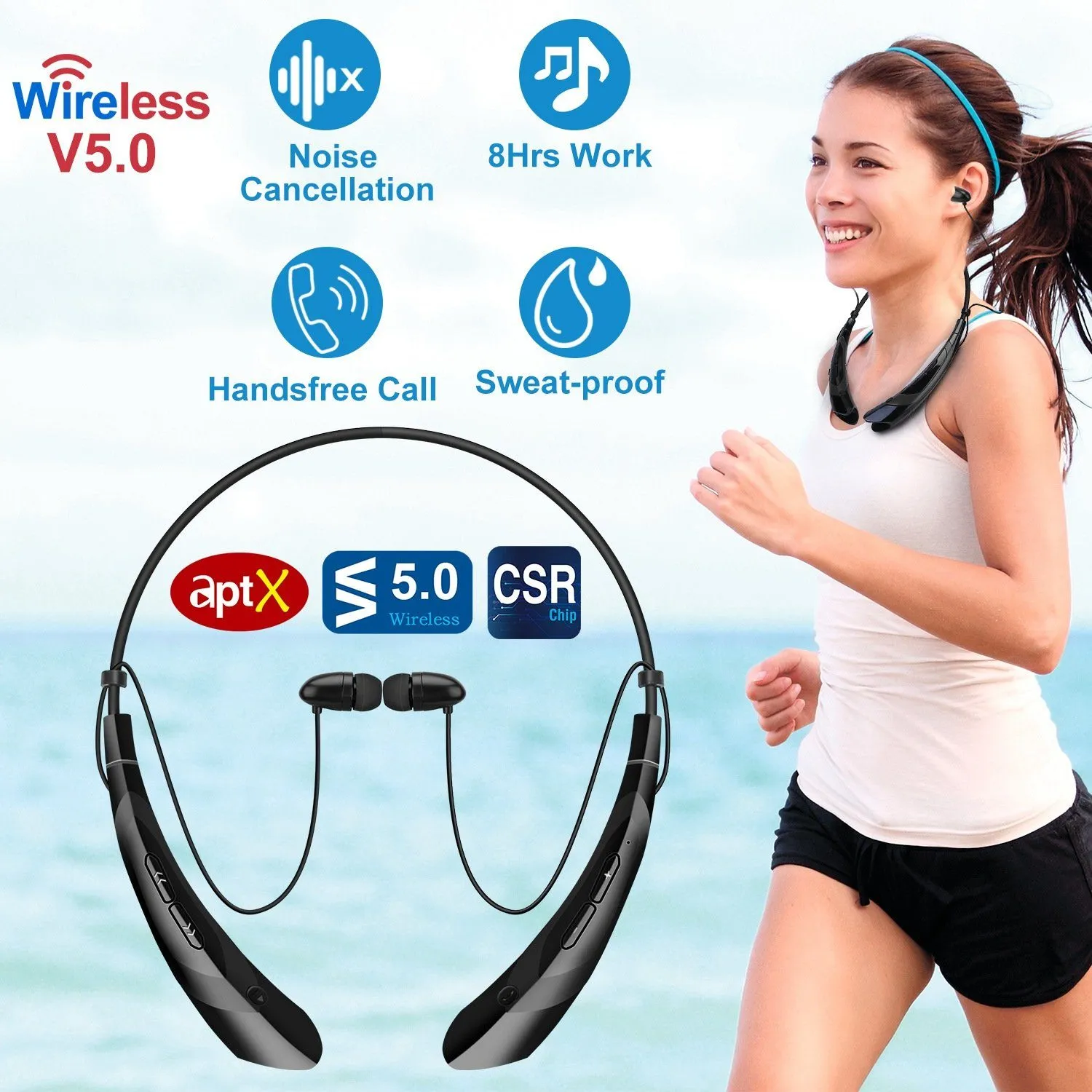 Wireless Neckband Headphones V 5.0 Sweat-proof Sport Headsets
